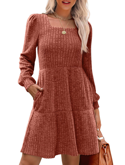 🍂2025 Autumn New Style 49% OFF⏰Women's Square Neck Lantern Sleeve Ribbed Dress