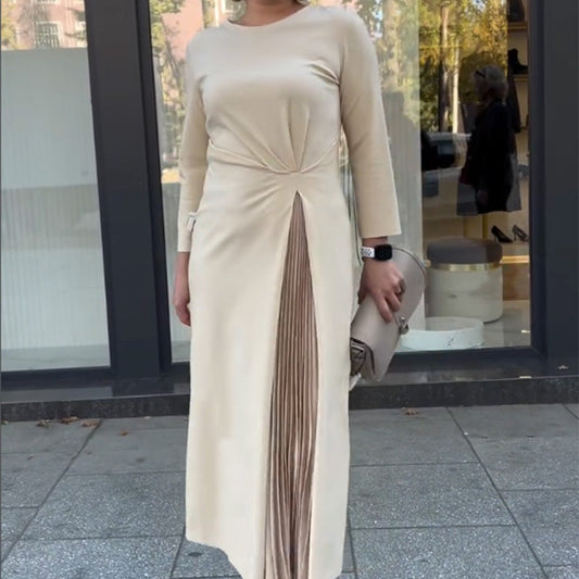 ⏳Time-limited 50% OFF⏰Round Neck Waist Ruched Hem Long Sleeve Dress