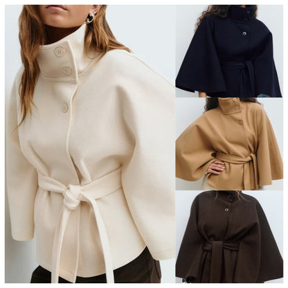 Women's Stand Collar Cape-Style Coat with Belt
