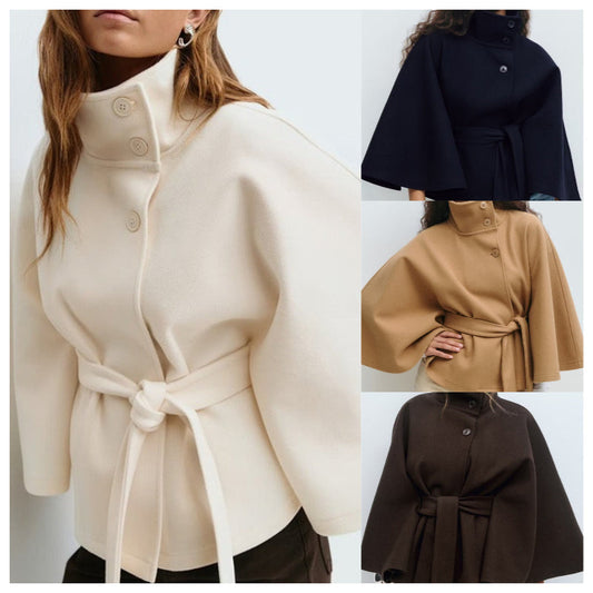 Women's Stand Collar Cape-Style Coat with Belt